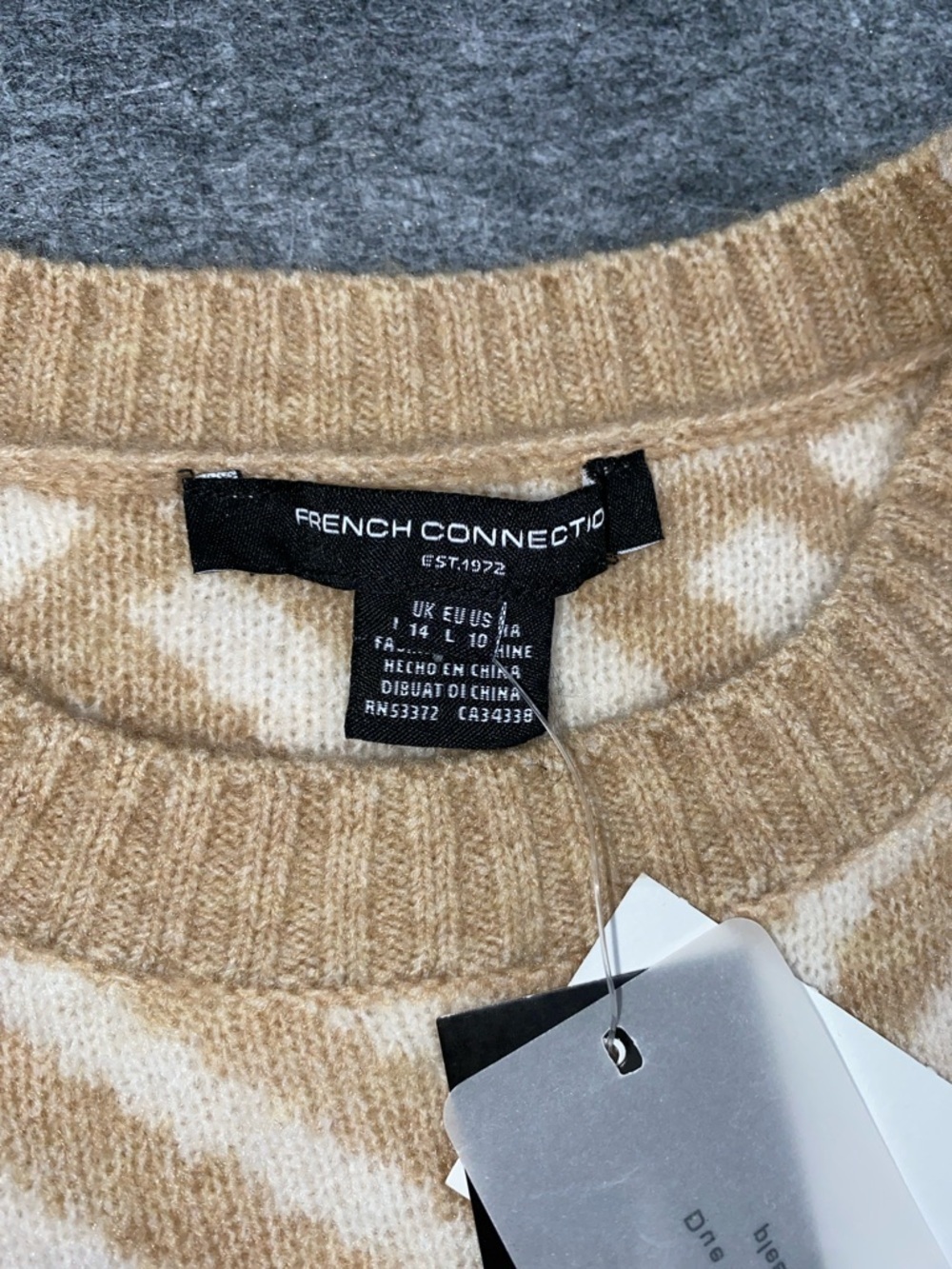 French Connection Martina Graphic Sweater Beige & Cream Patterned Crewneck Sz L - Picture 3 of 8